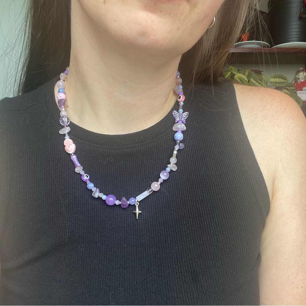 Northern Star Pink & Purple Beaded Necklace Mixed Beads Silver Heart Rose Quartz - Picture 9 of 10